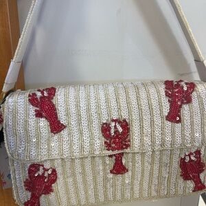 Beaded Shoulder Bag with Red Lobster Appliqué